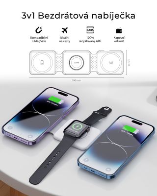 Slož. Polož. Nabíjej. 3v1 bezdrátová nabíječka pro telefon + hodinky + sluchátka — najednou a bez chaosu v kabelech....